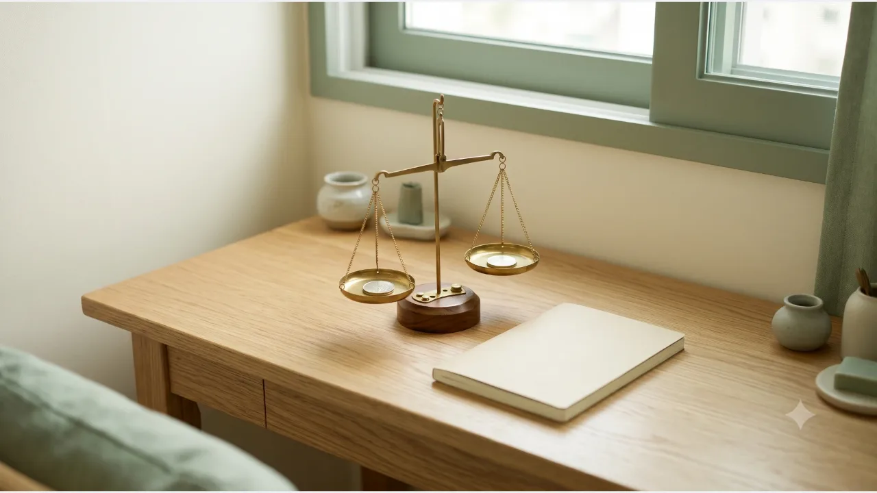 A brass two-arm balance scale on an oak desk by a window, with a closed notebook and a small ceramic bottle