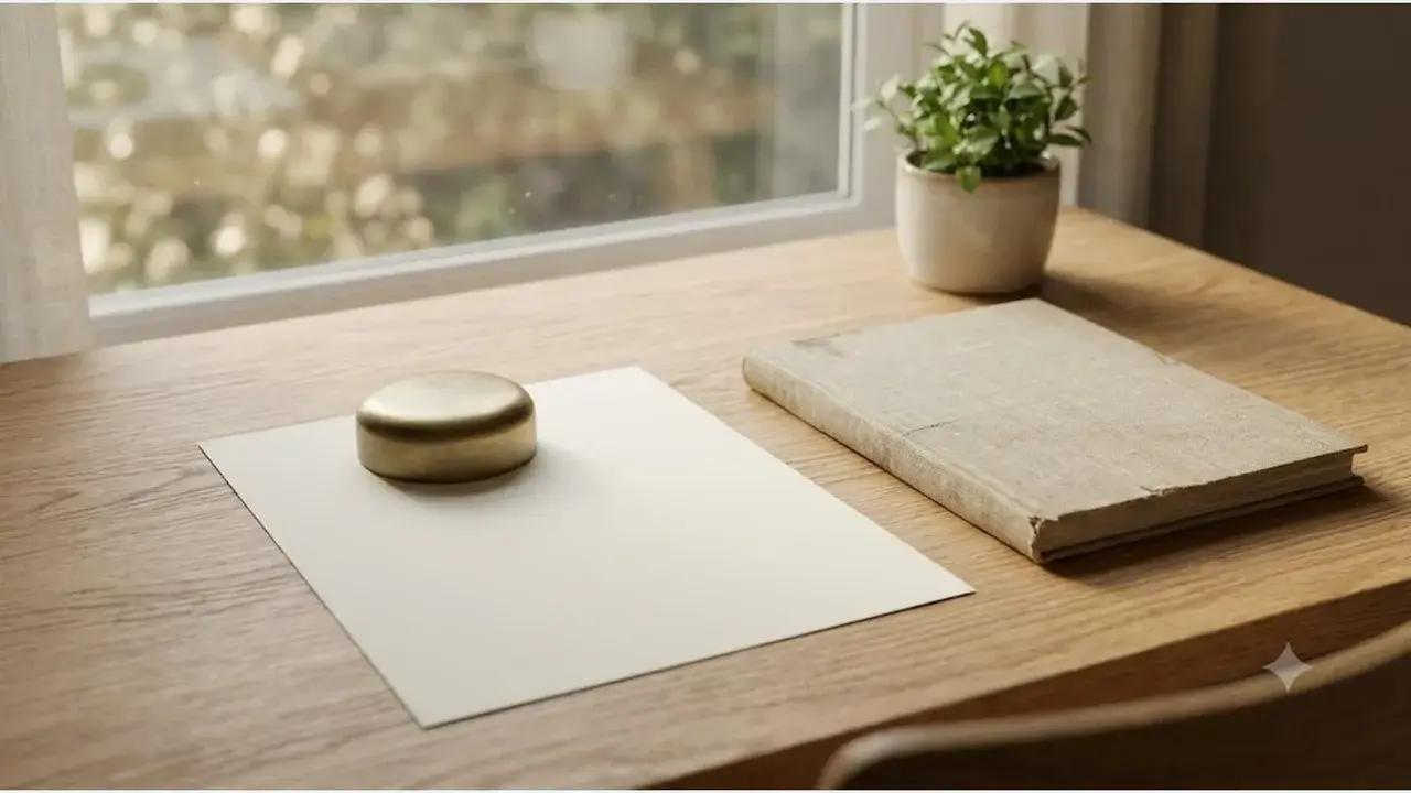 A closed linen-bound ledger and a smooth brass paperweight resting on a blank sheet of paper on an oak desk, with a small green plant in soft window light