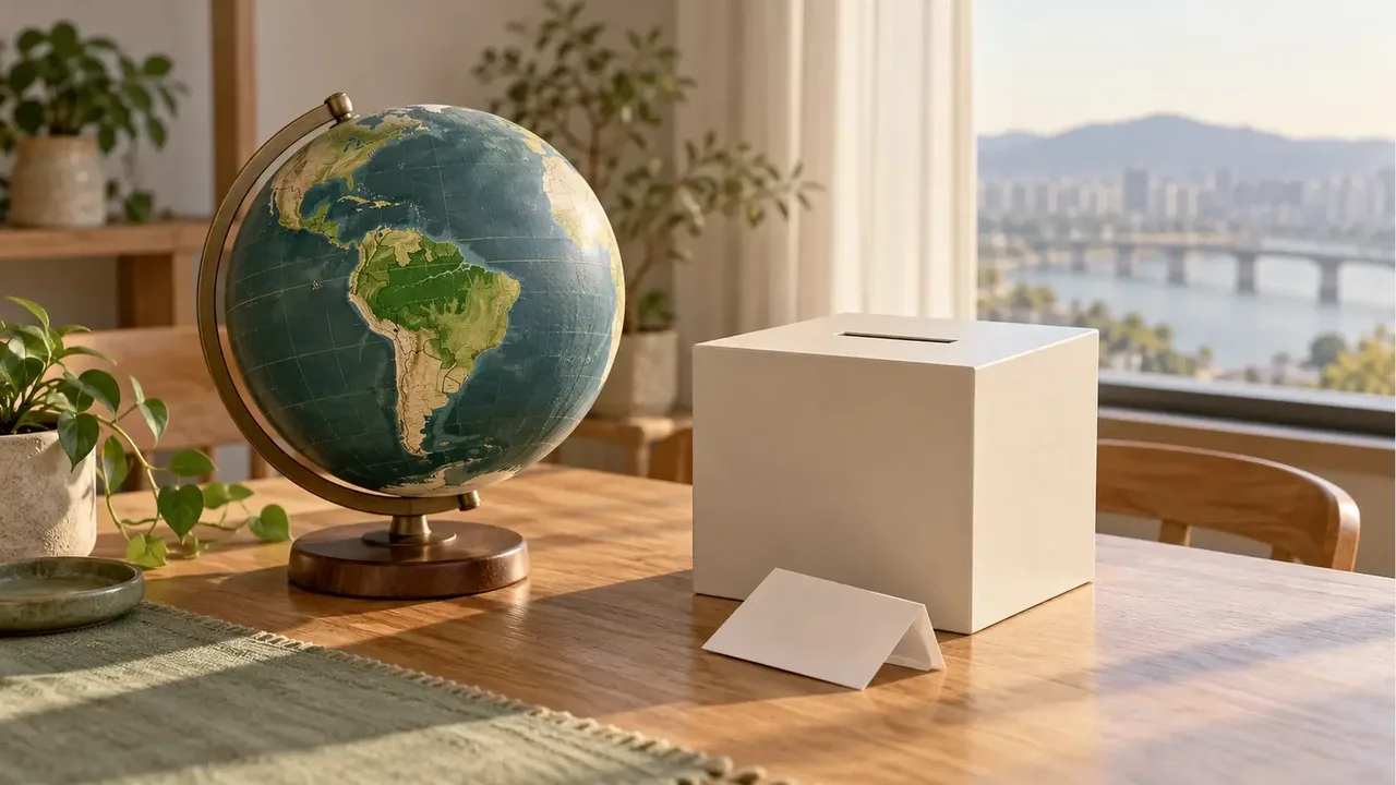 A globe showing South America, a plain cream ballot box and a folded blank sheet on an oak table beside a window with a river and apartments beyond