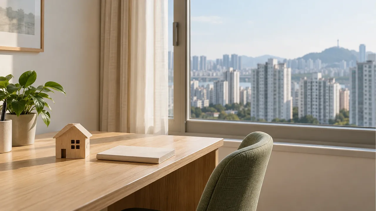 A wooden house model and closed notebook on an oak desk, with apartment buildings visible through the window
