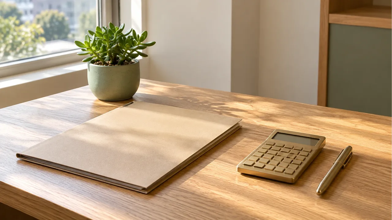 A closed beige paper document folder, a brass desk calculator, and a metallic pen on an oak desk near a sunlit window, with a small potted green succulent