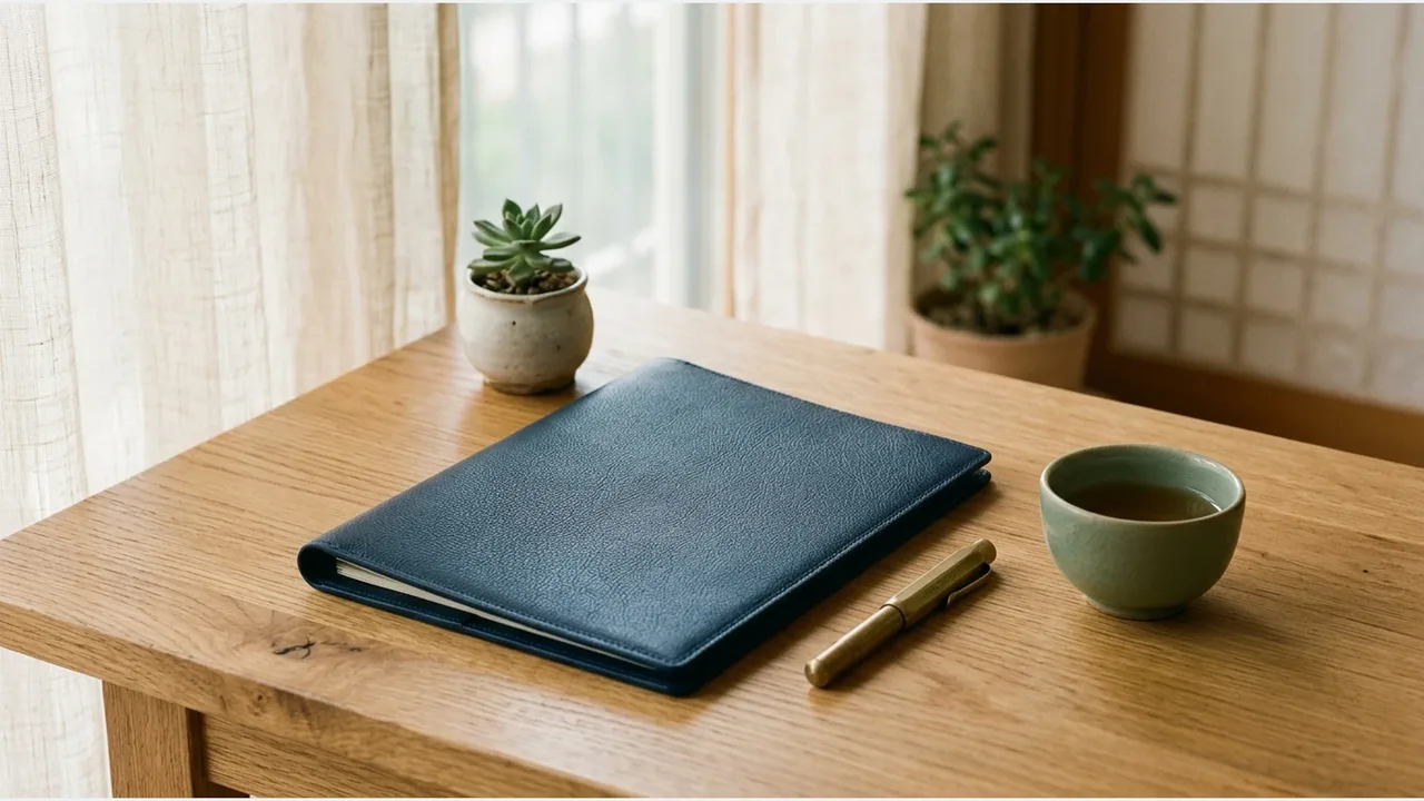 A closed navy blue leather document binder, a vintage brass fountain pen, a sage green ceramic teacup, and a potted succulent on an oak desk in warm natural morning light