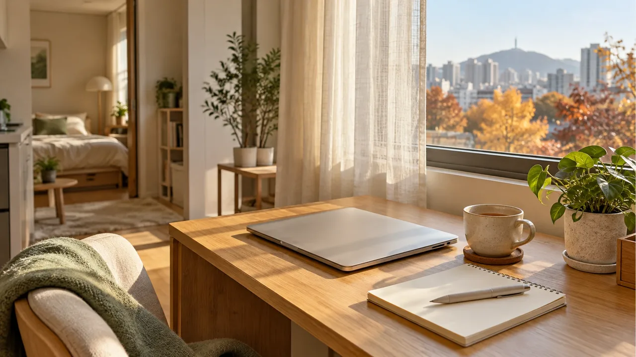 A closed laptop, blank notepad and pen, a cup of barley tea and a small potted plant on an oak desk by a sunlit autumn window