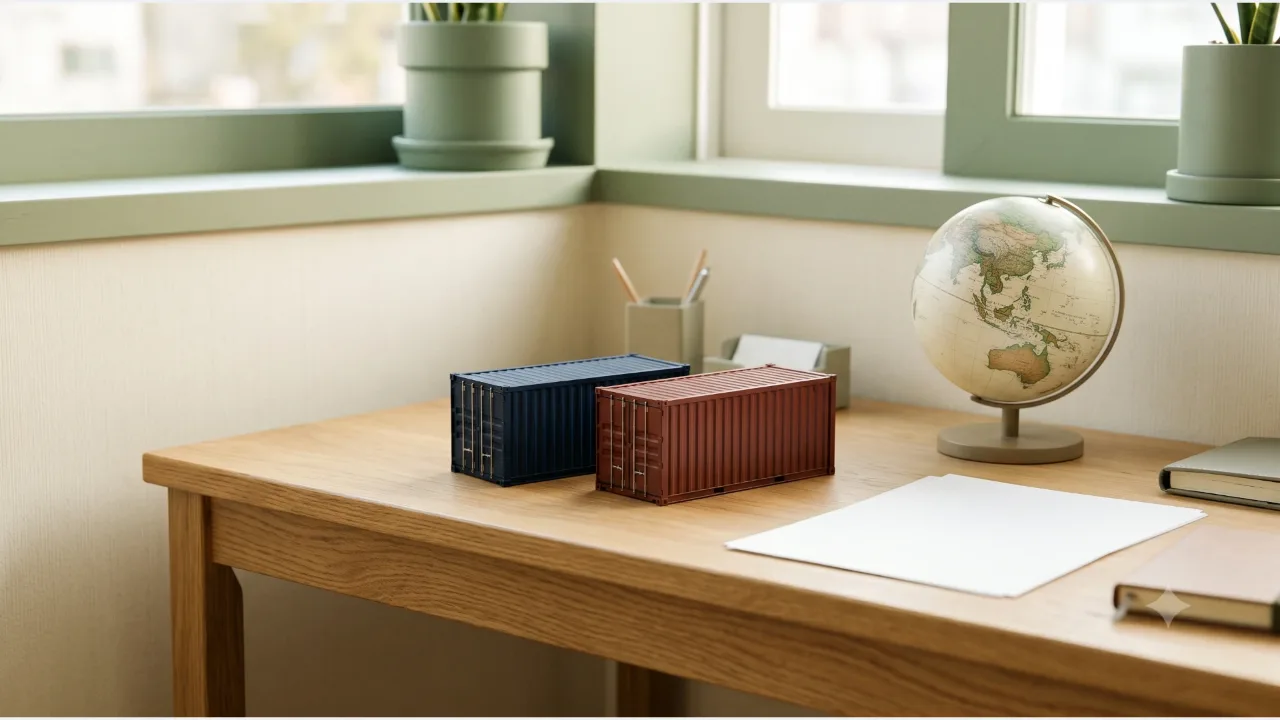 Navy and reddish-brown cargo container models side by side with a small globe and a blank sheet of paper on an oak desk